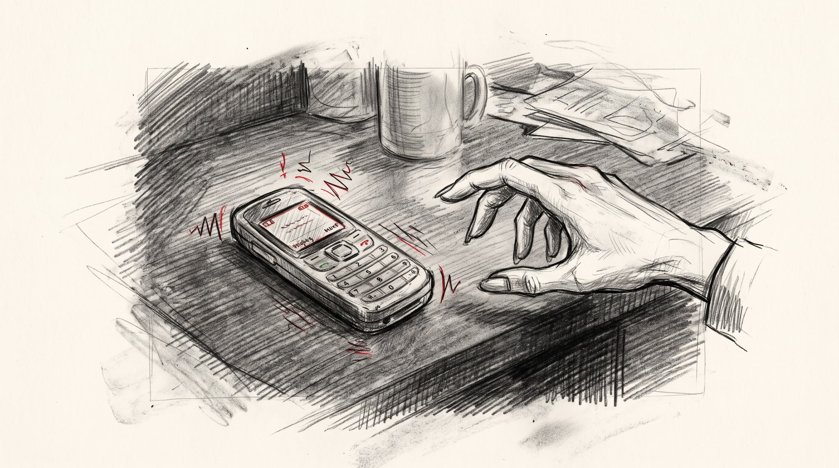 Pencil storyboard sketch of a ringing phone on a table and a long-fingered hand reaching for it