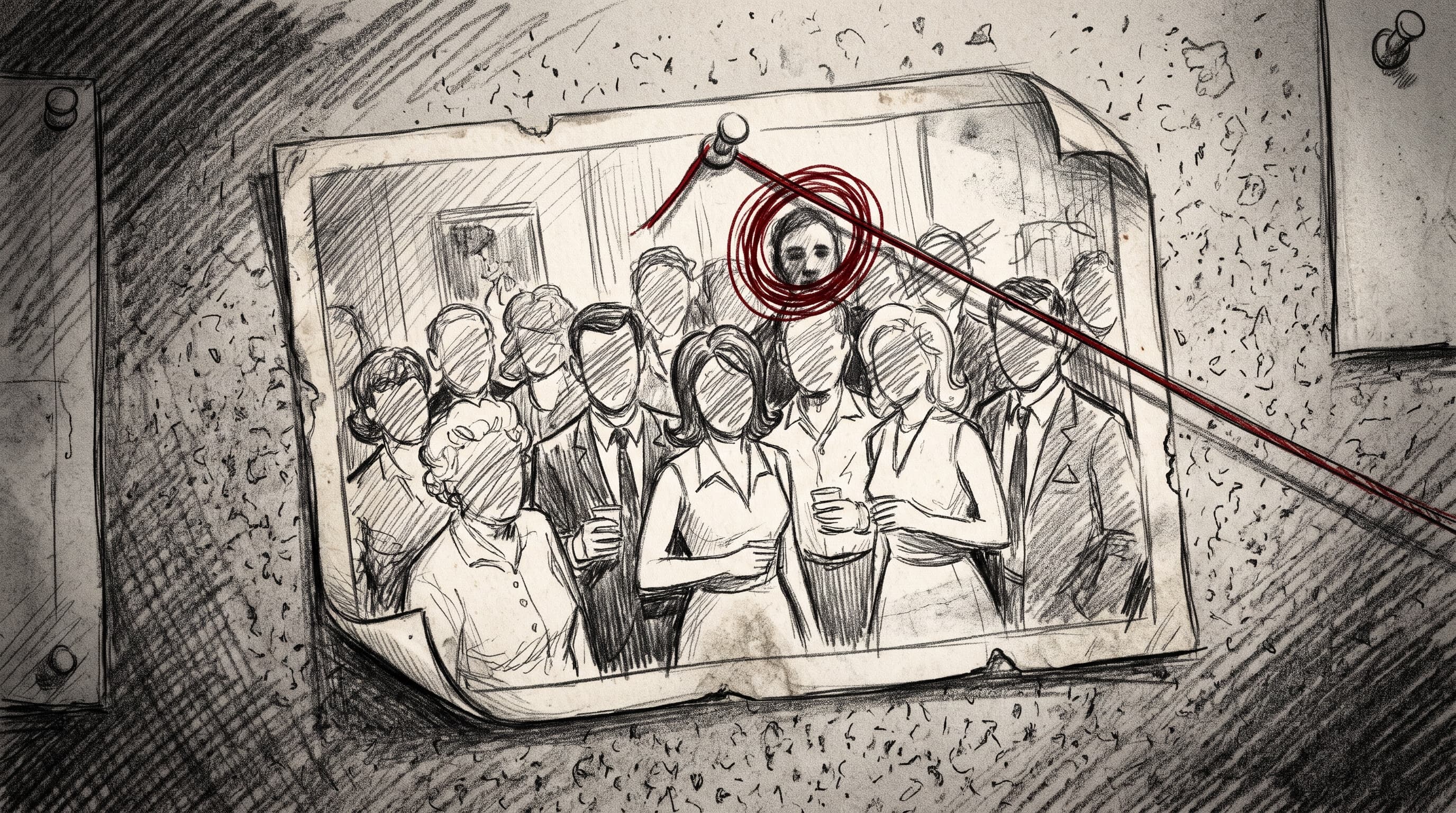 Pencil storyboard sketch of a party photo pinned to a wall with one face circled in red