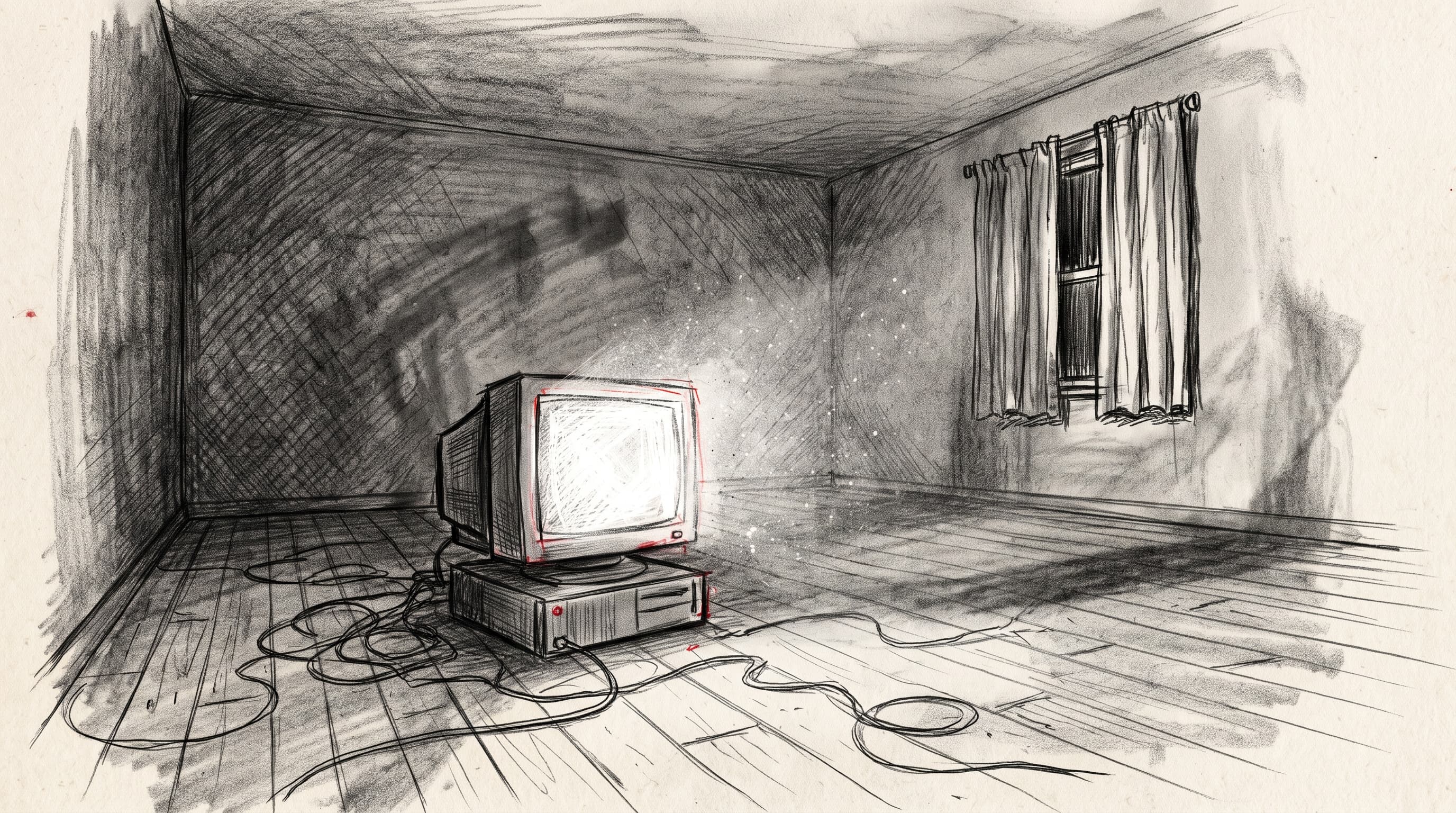 Pencil storyboard sketch of an old computer glowing on the floor of an empty room