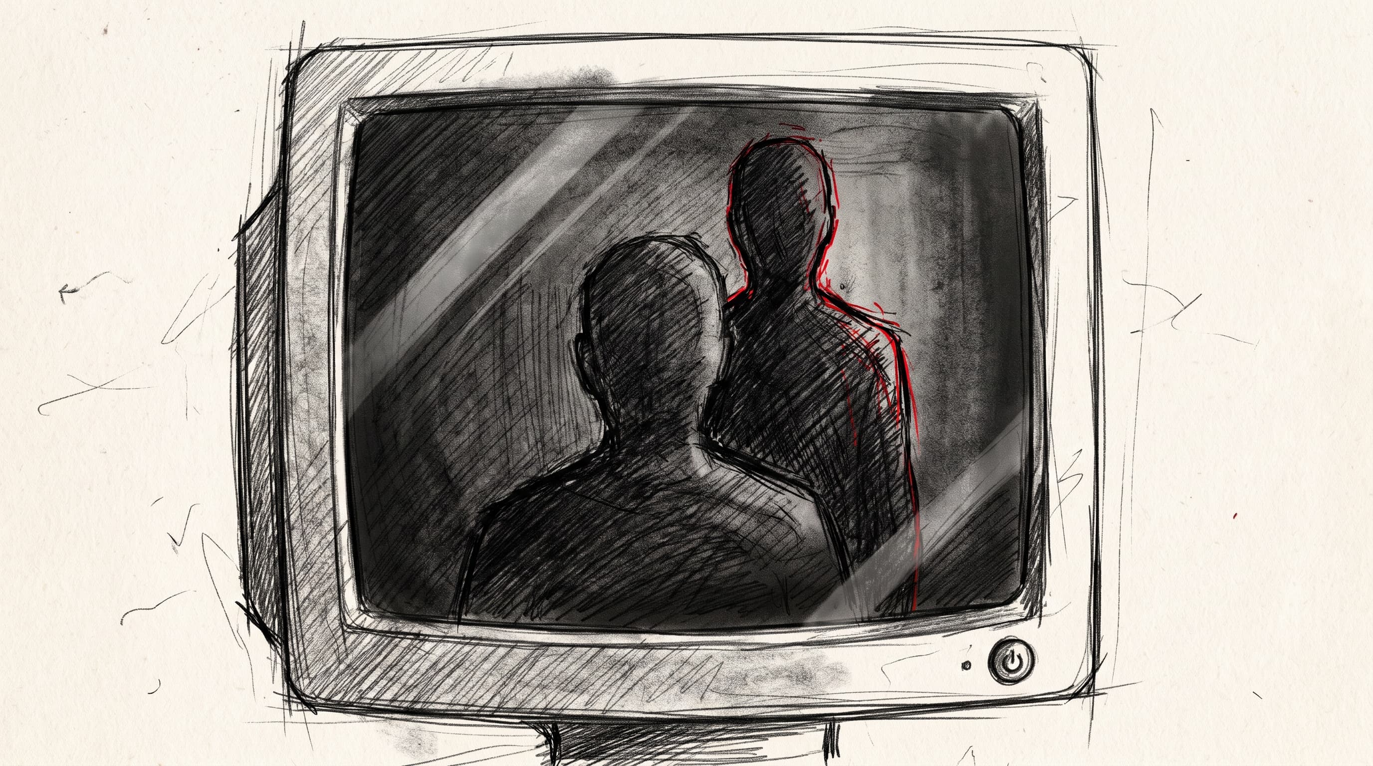 Pencil storyboard sketch of a dark monitor reflecting the viewer and a second silhouette behind them