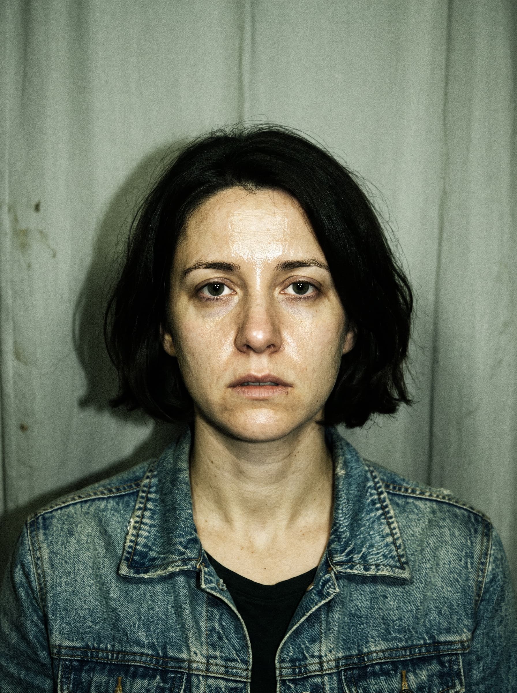 Booking photo of the friend, a worried woman with a short dark bob