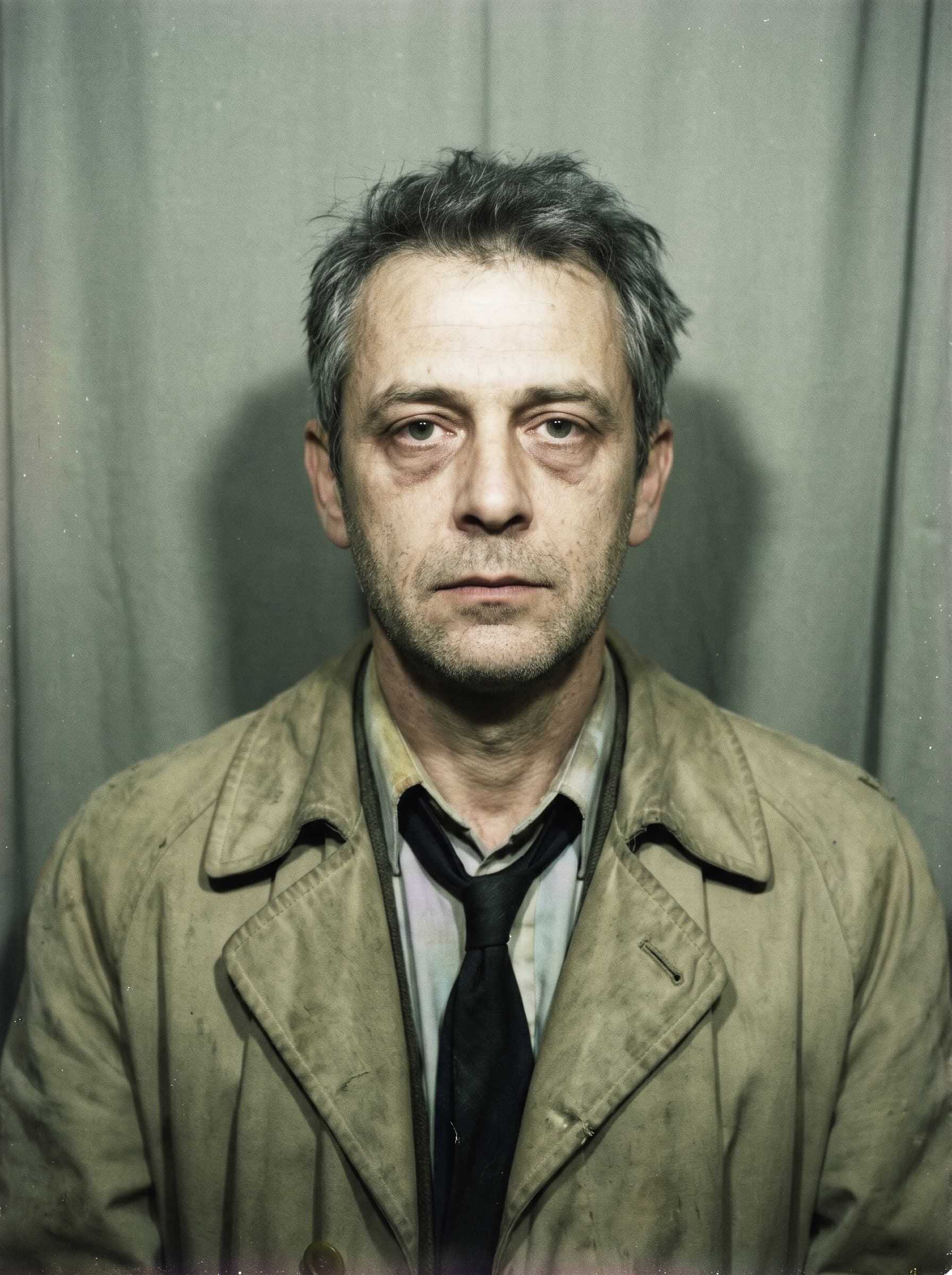 Booking photo of the investigator, a calm man in a rumpled trench coat