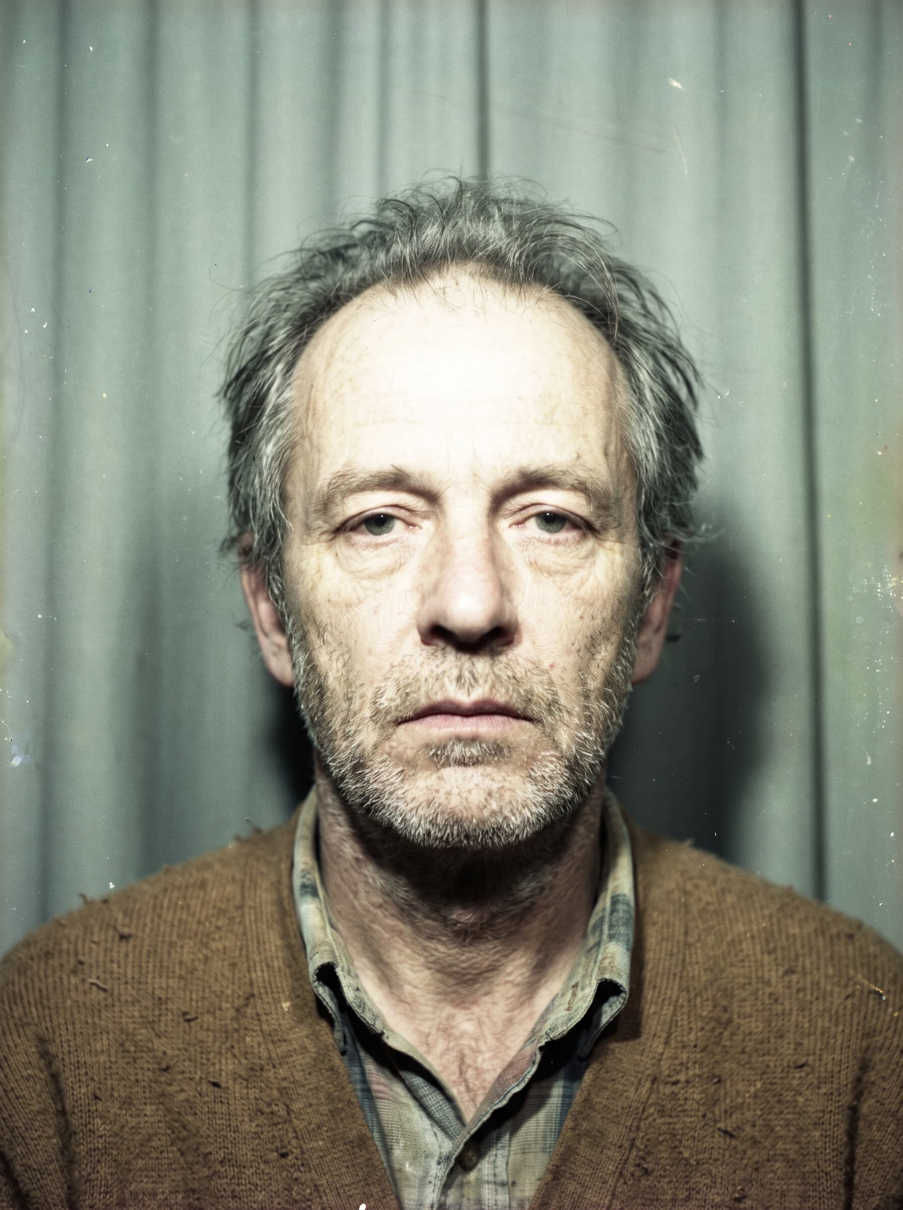 Booking photo of the landlord, an older man in a brown cardigan